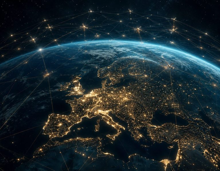 Transformation A night view of Europe with illuminated cities and a network of lines above them.